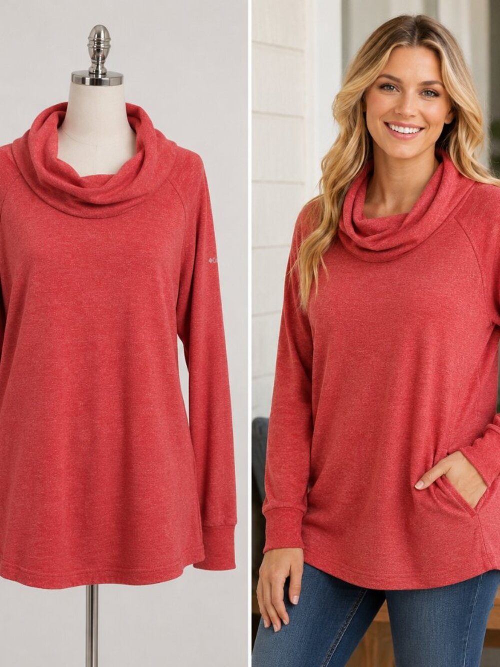 Columbia XL Coral Pink Cowl Neck Pullover Cozy Cabin Outdoor Athleisure Chic